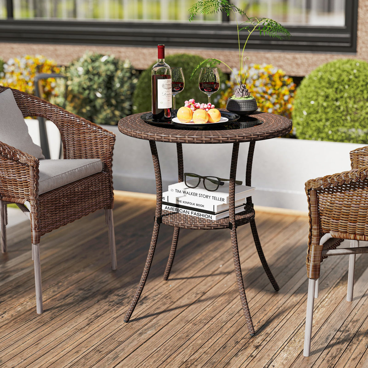 PE Wicker Patio Bistro Table Round with Tempered Glass Top and Shelf-Patio Dining Tables-DECOROLALA