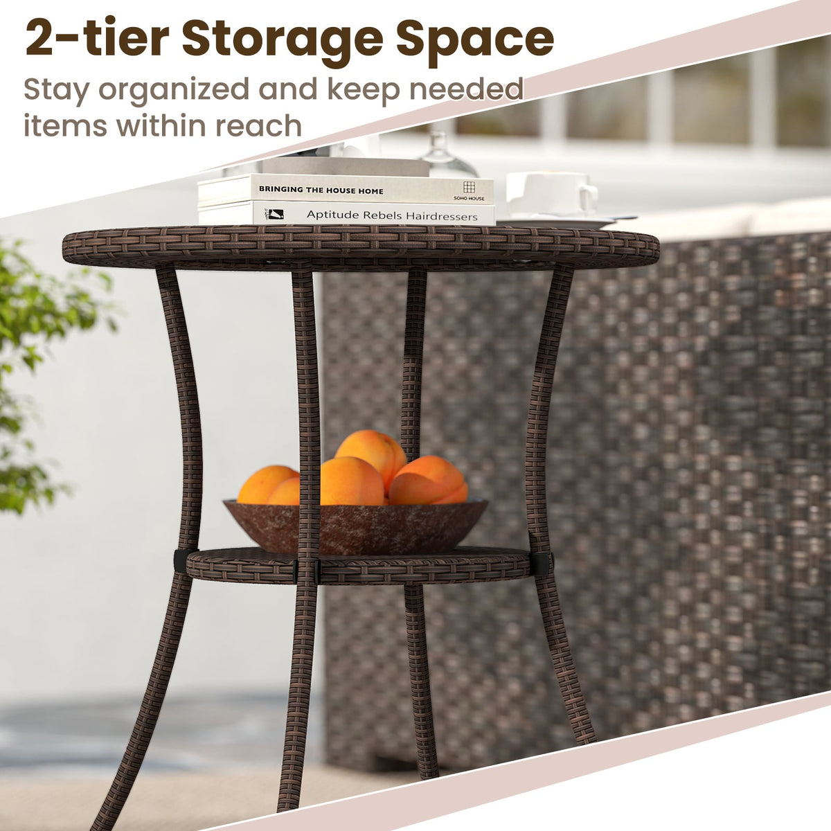 PE Wicker Patio Bistro Table Round with Tempered Glass Top and Shelf-Patio Dining Tables-DECOROLALA