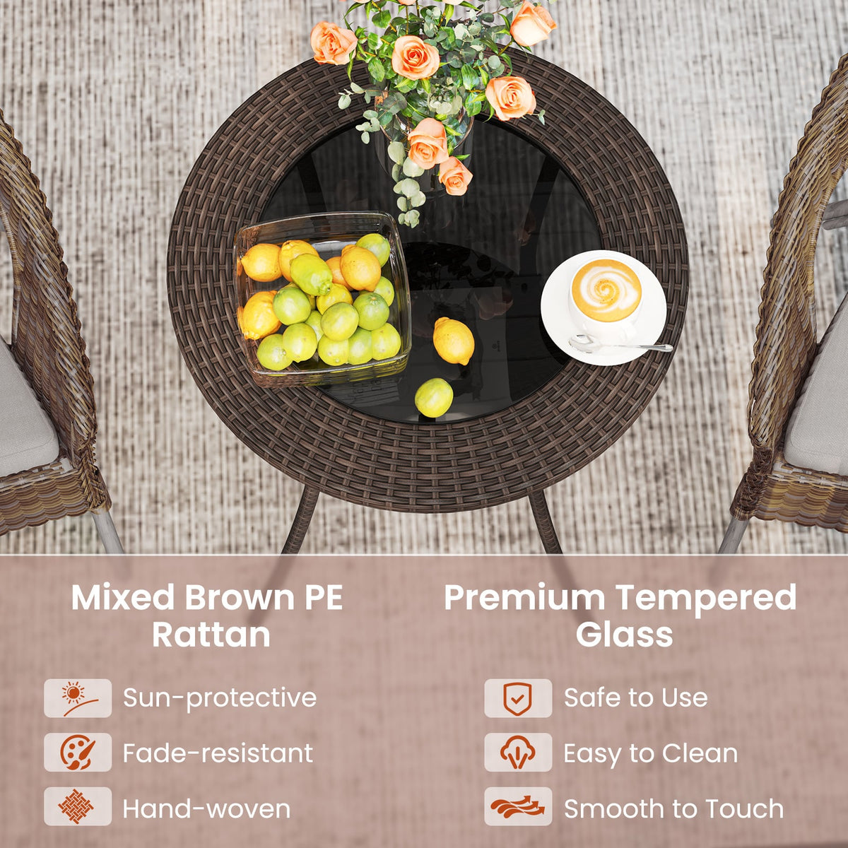 PE Wicker Patio Bistro Table Round with Tempered Glass Top and Shelf-Patio Dining Tables-DECOROLALA