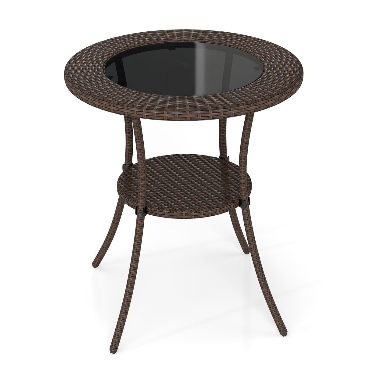 PE Wicker Patio Bistro Table Round with Tempered Glass Top and Shelf-Patio Dining Tables-DECOROLALA