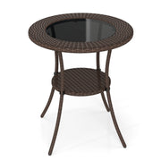 PE Wicker Patio Bistro Table Round with Tempered Glass Top and Shelf-Patio Dining Tables-DECOROLALA