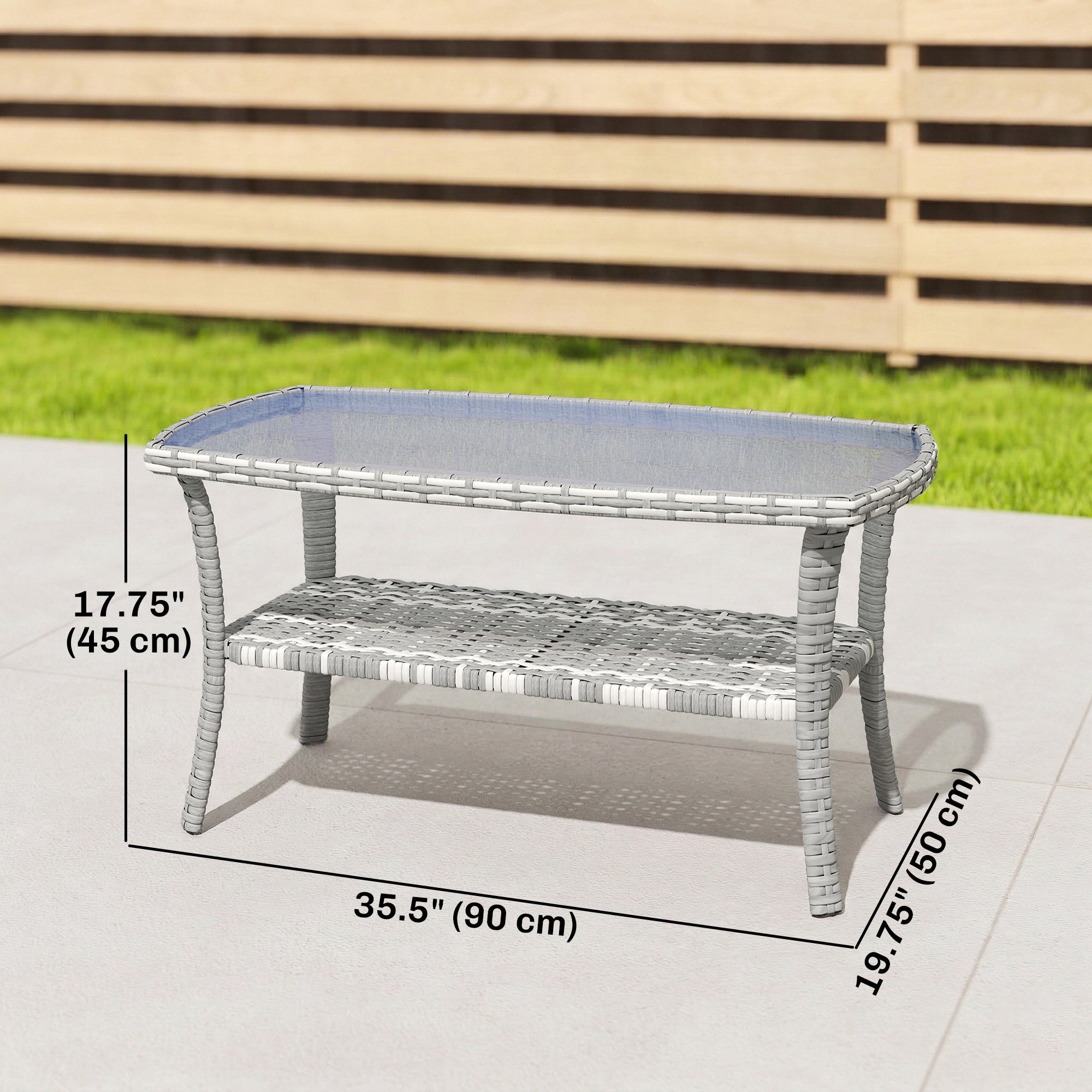 PE Wicker Patio Coffee Table with Glass Top - Dark Grey-Patio & Garden > Patio Furniture > Patio Side Tables-DECOROLALA