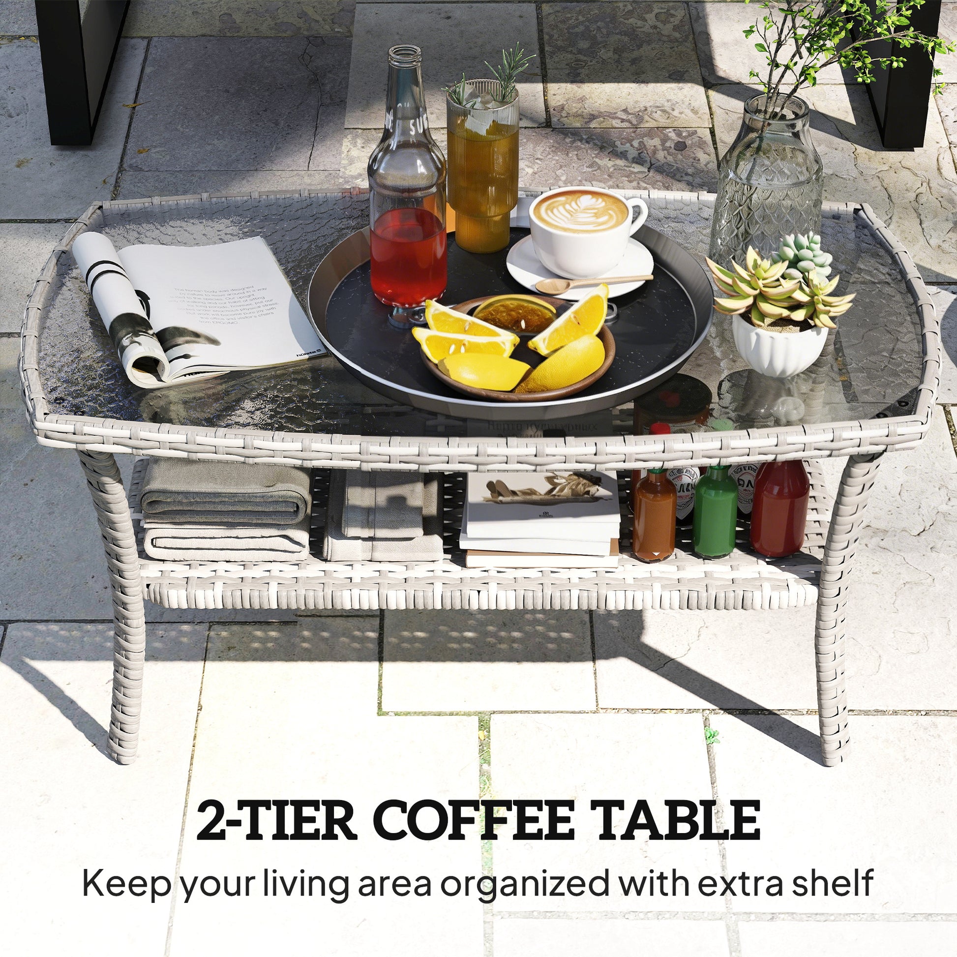 PE Wicker Patio Coffee Table with Glass Top - Dark Grey-Patio & Garden > Patio Furniture > Patio Side Tables-DECOROLALA