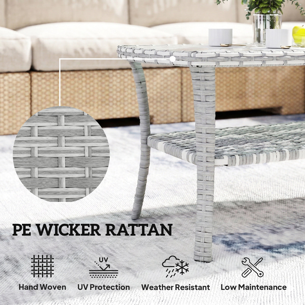 PE Wicker Patio Coffee Table with Glass Top - Dark Grey-Patio & Garden > Patio Furniture > Patio Side Tables-DECOROLALA