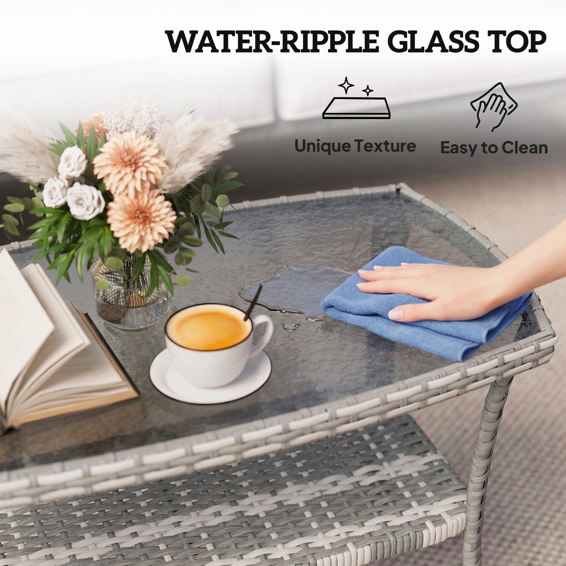 PE Wicker Patio Coffee Table with Glass Top - Dark Grey-Patio & Garden > Patio Furniture > Patio Side Tables-DECOROLALA