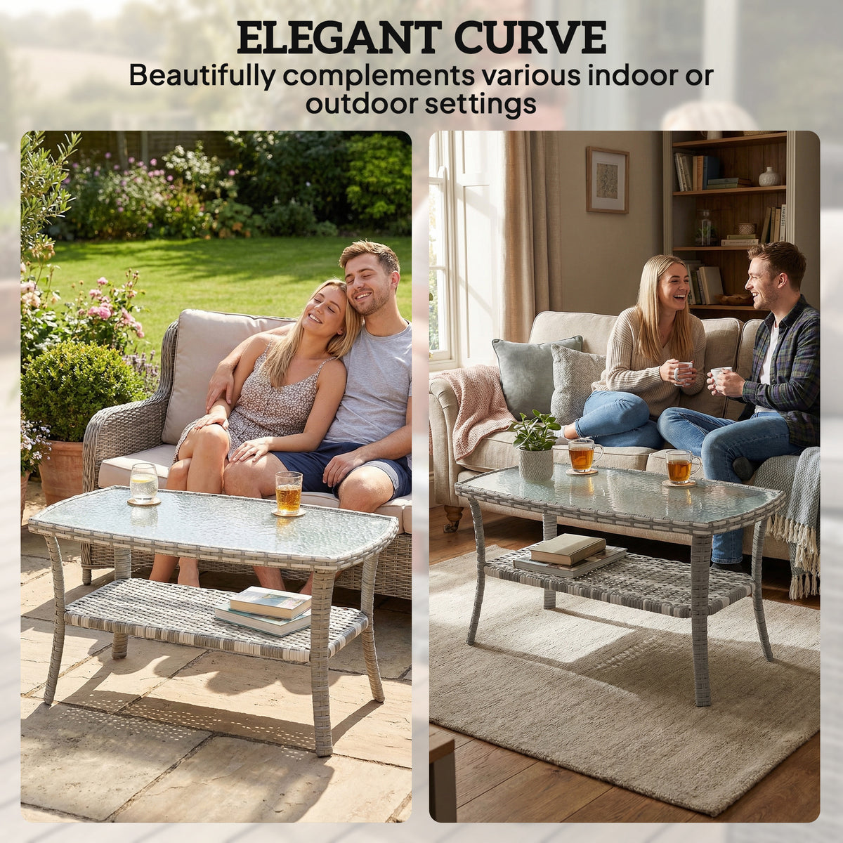 PE Wicker Patio Coffee Table with Glass Top - Dark Grey-Patio & Garden > Patio Furniture > Patio Side Tables-DECOROLALA
