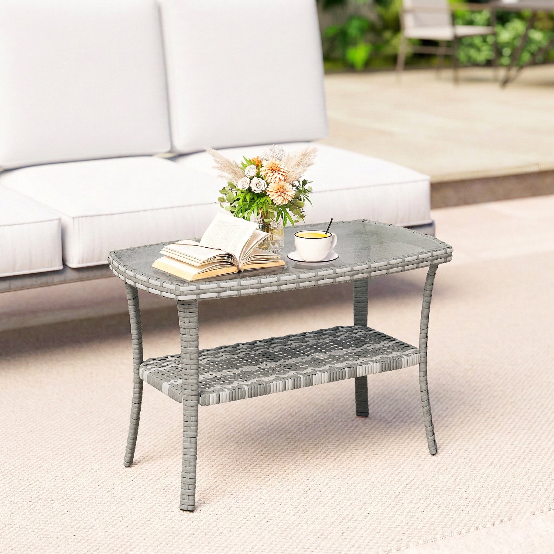 PE Wicker Patio Coffee Table with Glass Top - Dark Grey-Patio & Garden > Patio Furniture > Patio Side Tables-DECOROLALA