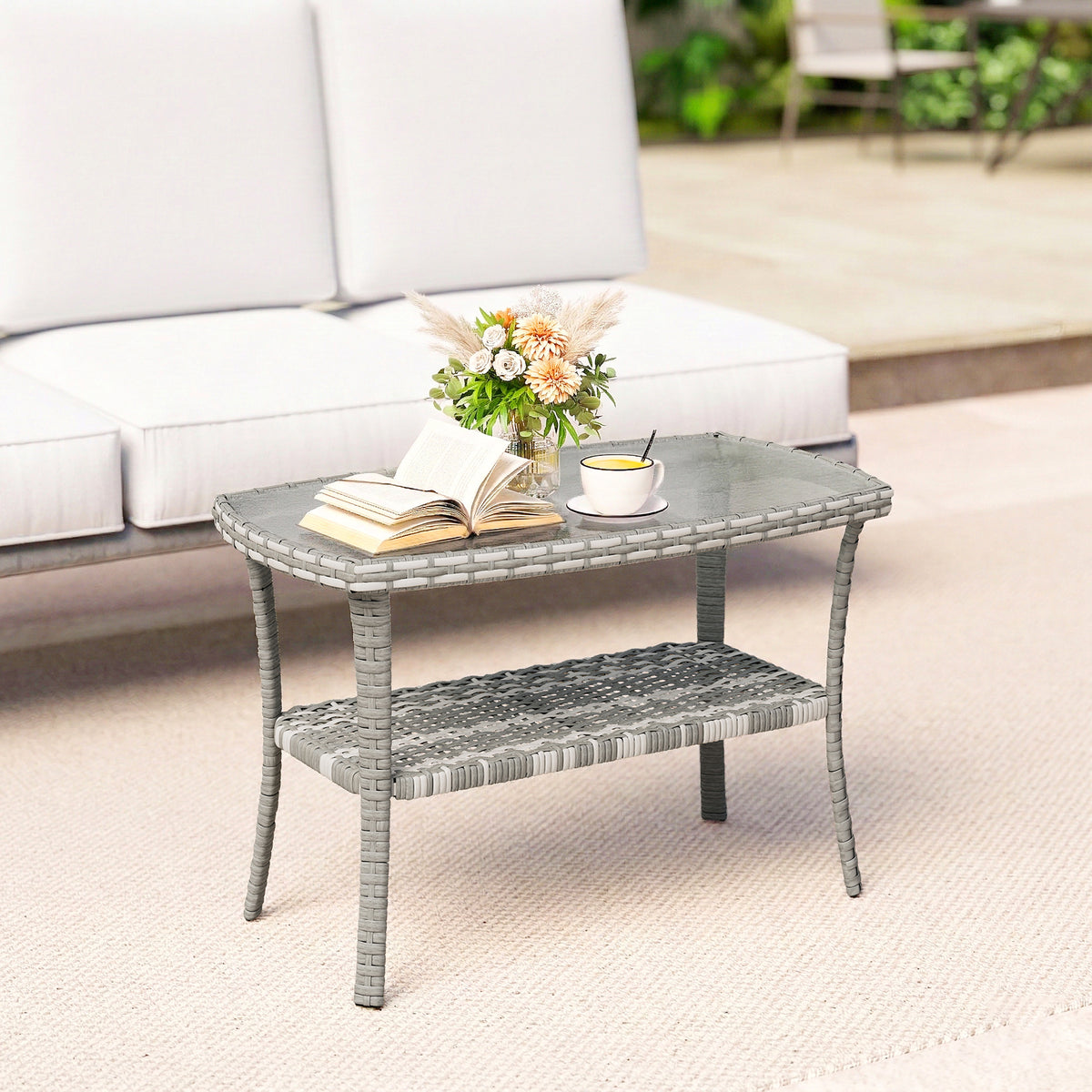 PE Wicker Patio Coffee Table with Glass Top - Dark Grey-Patio & Garden > Patio Furniture > Patio Side Tables-DECOROLALA