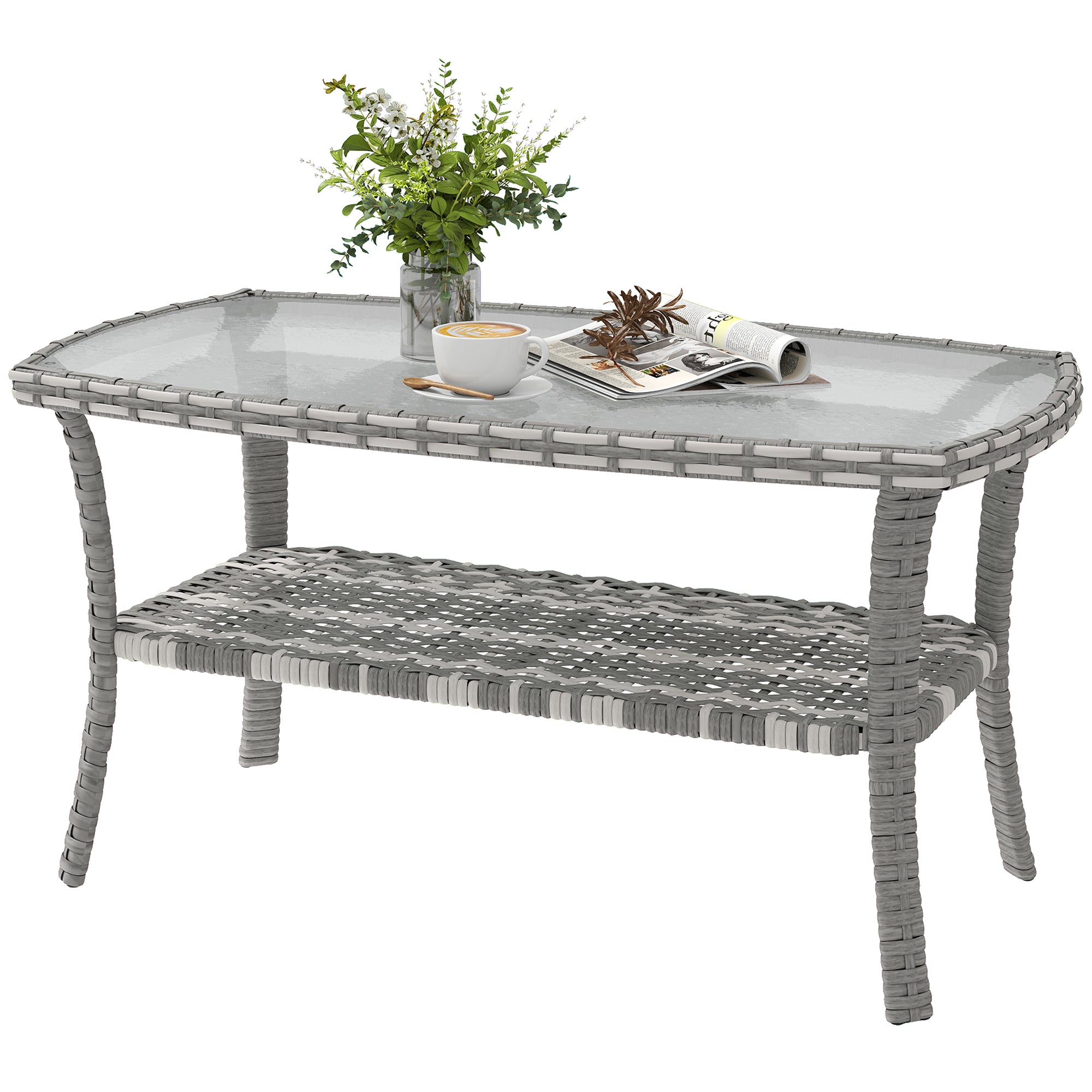 PE Wicker Patio Coffee Table with Glass Top - Dark Grey-Patio & Garden > Patio Furniture > Patio Side Tables-DECOROLALA