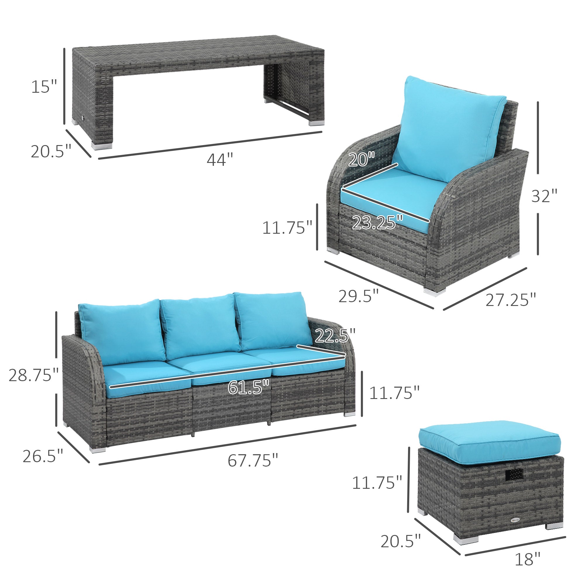 PE Wicker Patio Furniture Set 6pc Sky Blue Sectional-DECOROLALA