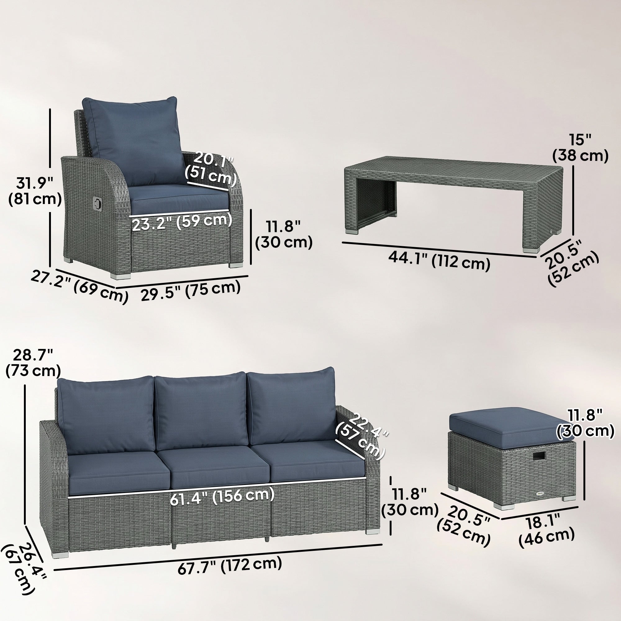 PE Wicker Patio Sectional Set 6-Piece Dark Blue-DECOROLALA