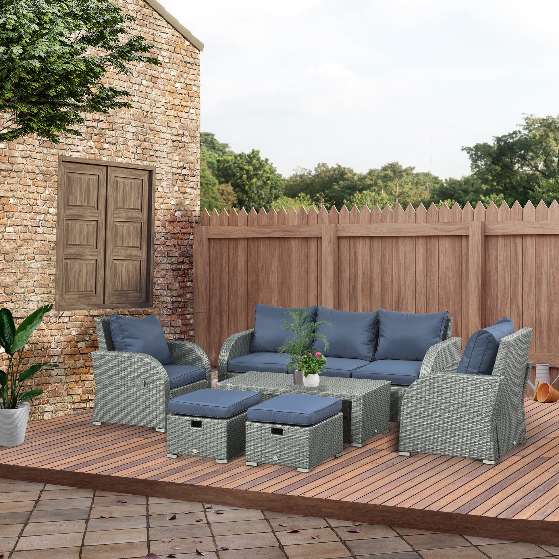 PE Wicker Patio Sectional Set 6-Piece Dark Blue-DECOROLALA
