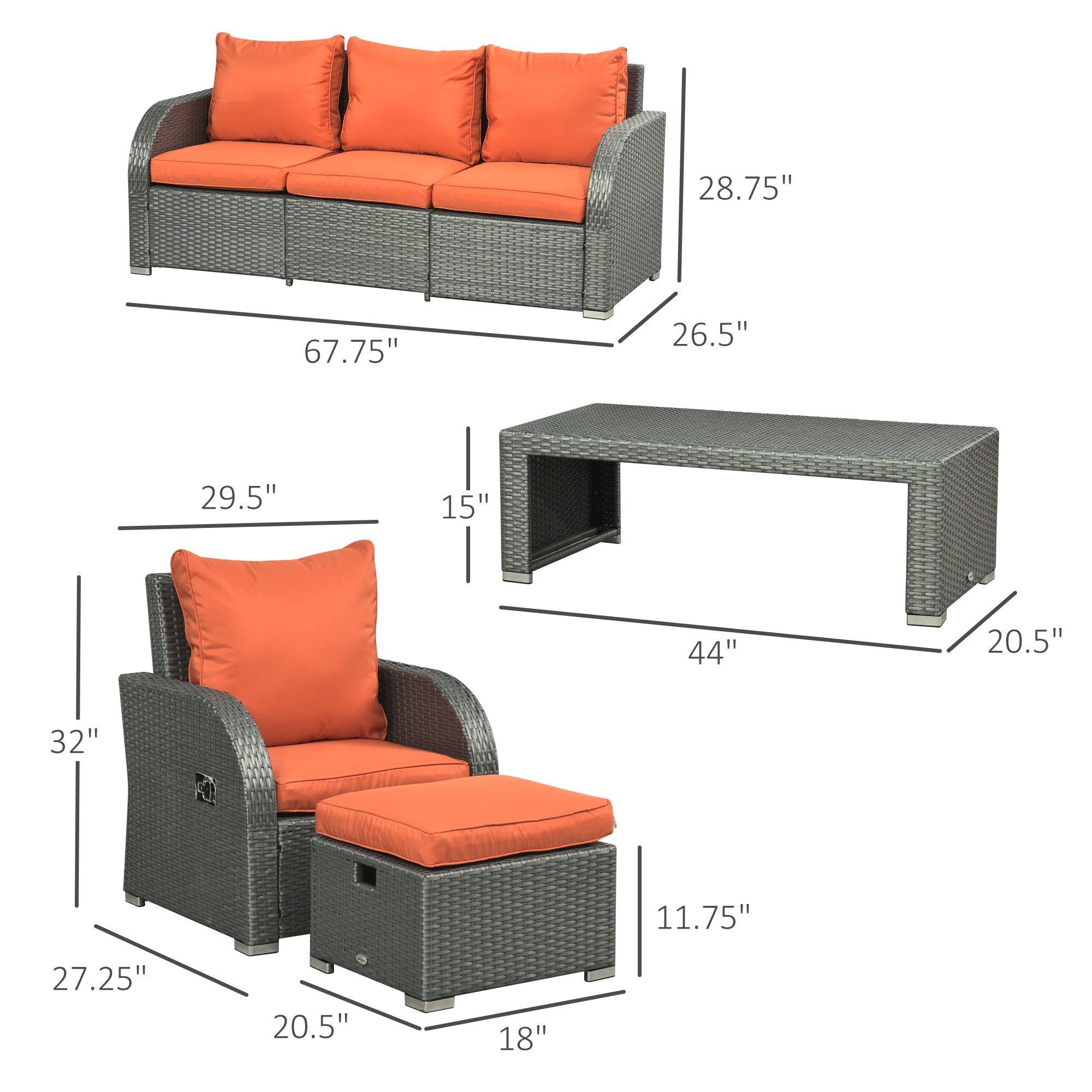 PE Wicker Patio Set 6pc Sectional Sofa Orange-DECOROLALA