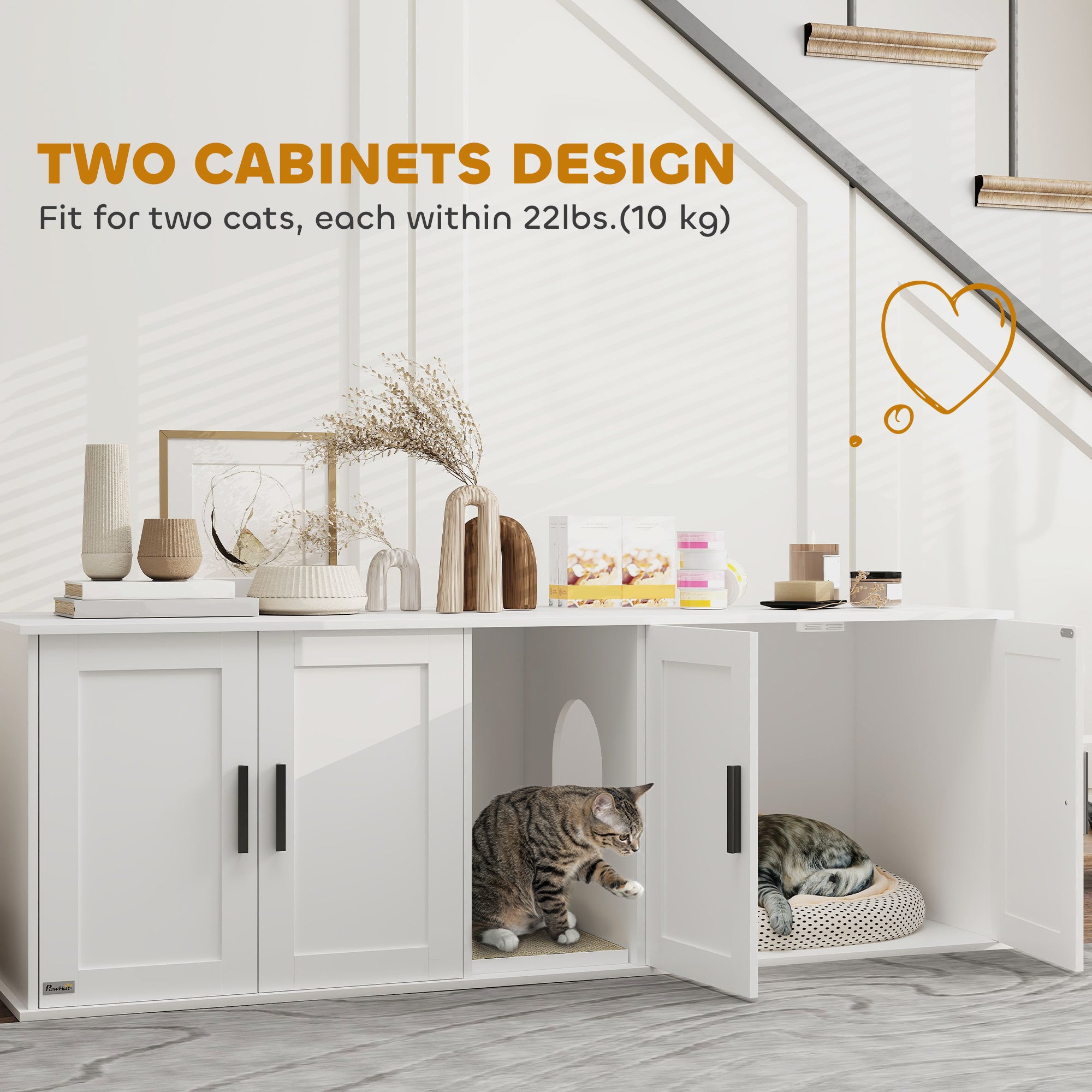 Cat Litter Box Enclosure with Double Room, Scratching Board for 2 Cats, 57" x 19" x 20", White