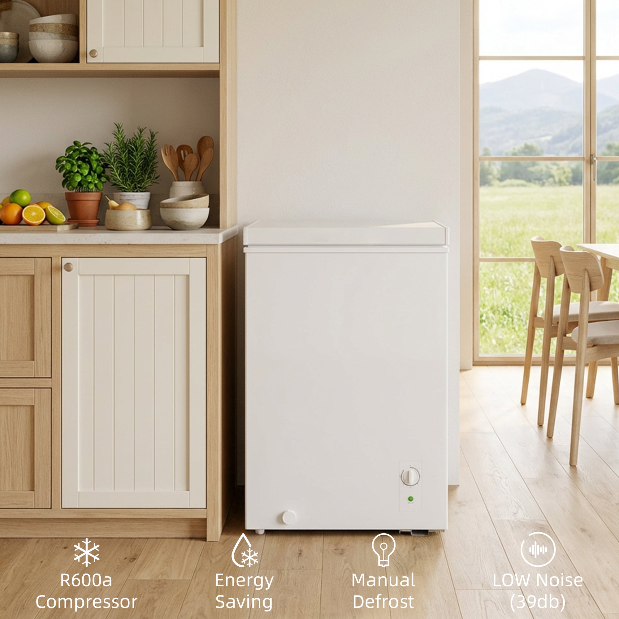 Mini-congélateur, congélateur coffre de 3,5 pi³ avec thermostat réglable à 5 positions, panier métallique, fonctionnement silencieux, blanc