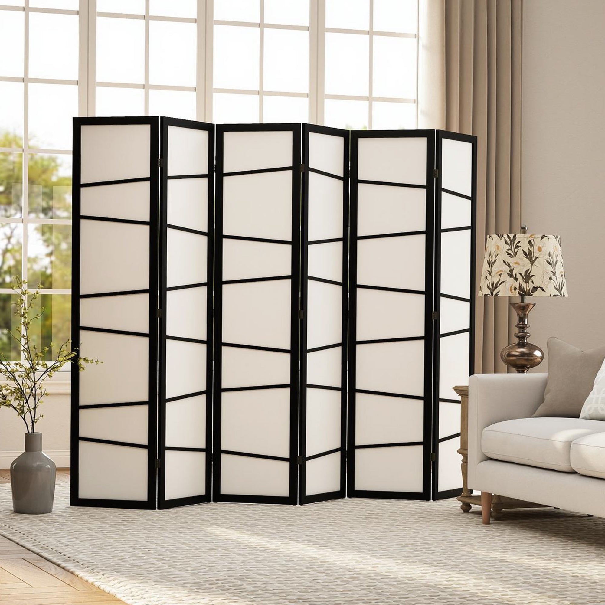 66.9" Folding Room Divider, 6 Panel Wall Partition with Wood Frame for Bedroom, Home Office, White