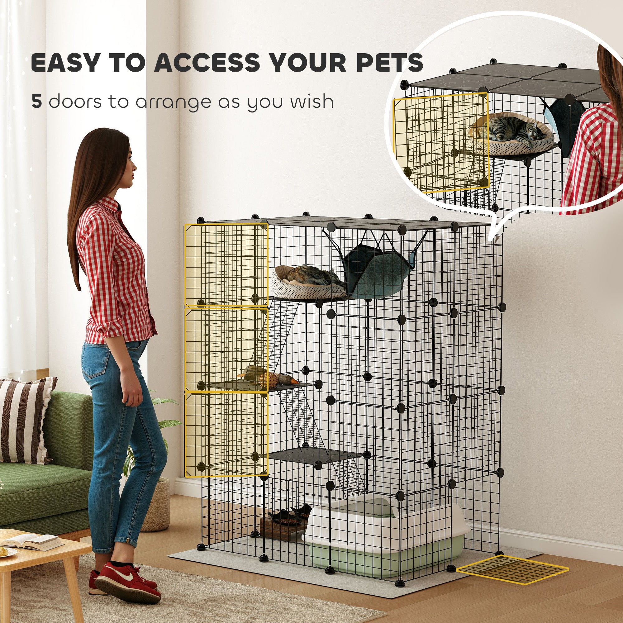 4-Tier DIY Large Cat Cage with Hammock, Platforms, Ramps, Accessories for 1-3 Cats, Indoor Use, Black