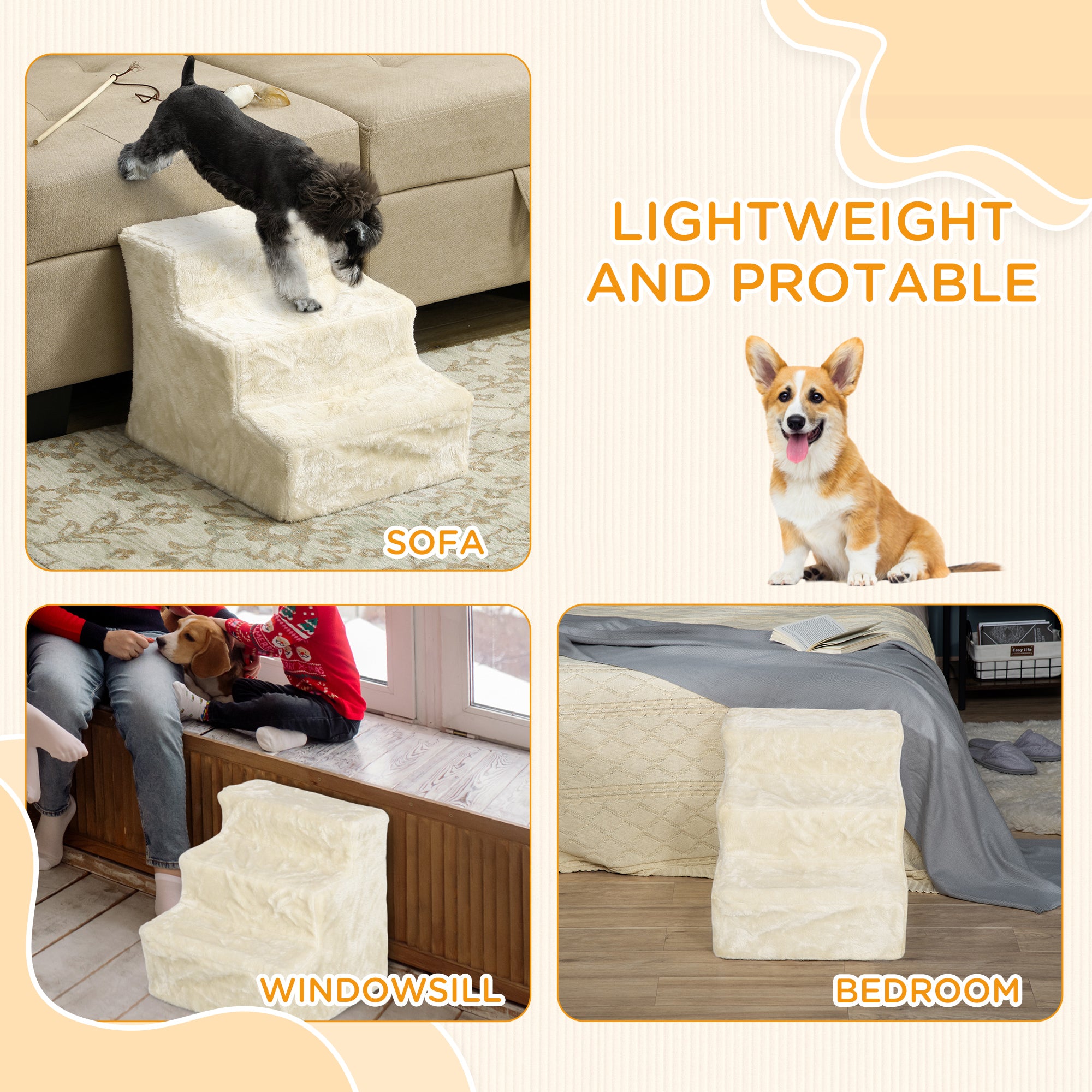 3-Step Dog Ramp for Sofa, Bed, and Couch, Pet Steps Ladder with Removable Cover, Beige