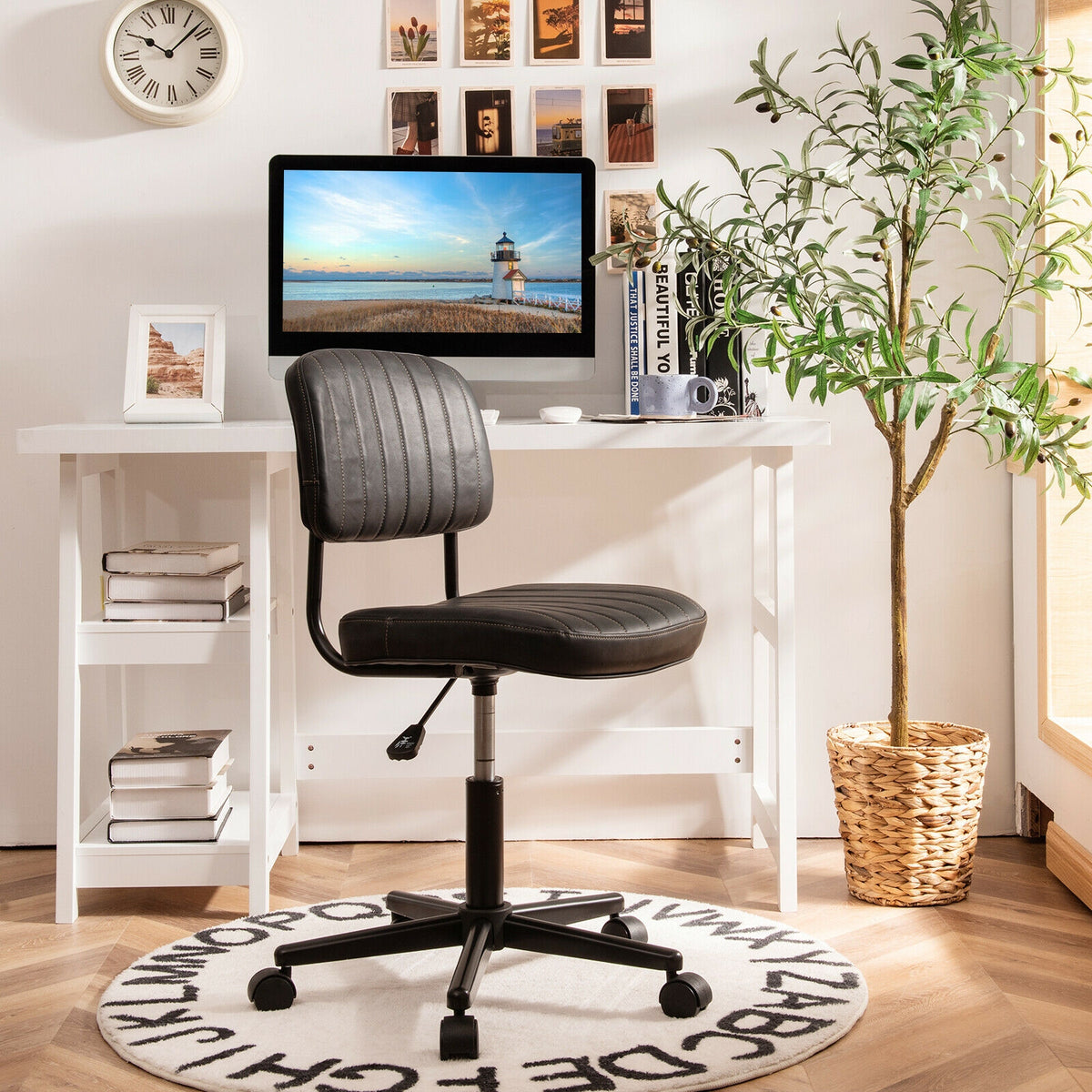 PU Leather Adjustable Office Chair Swivel Task Chair with Backrest-Black-Armless Office Chairs-DECOROLALA