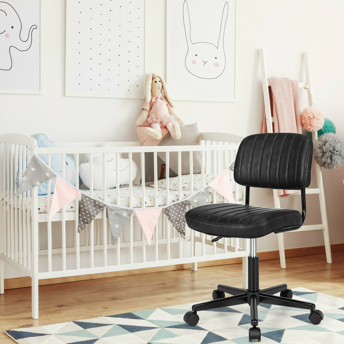 PU Leather Adjustable Office Chair Swivel Task Chair with Backrest-Black-Armless Office Chairs-DECOROLALA