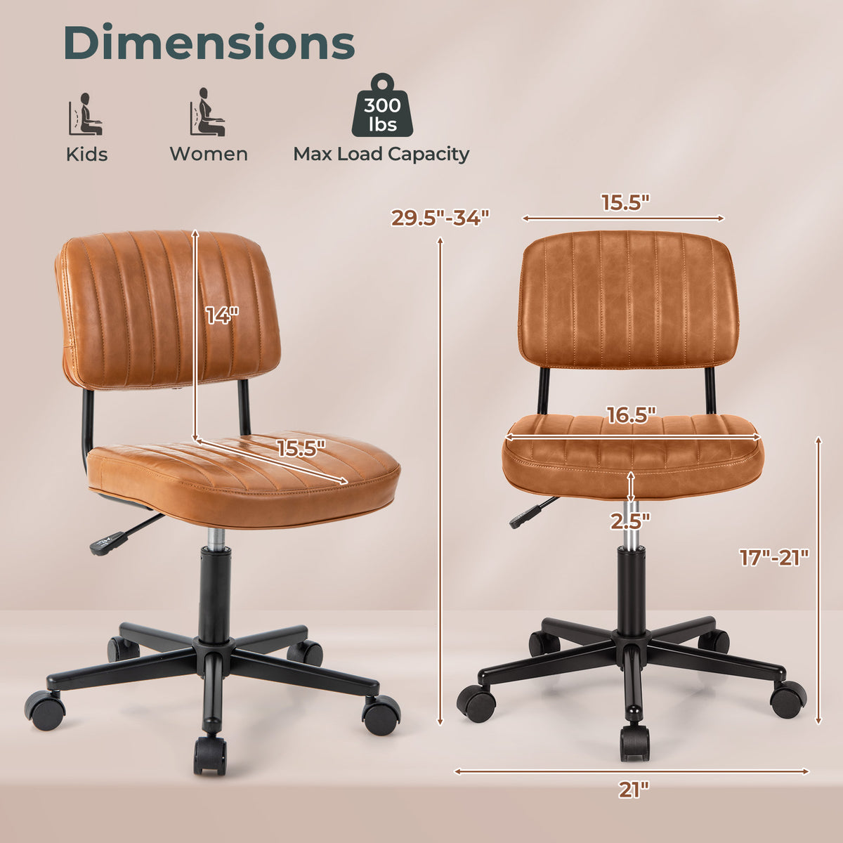 PU Leather Adjustable Office Chair Swivel Task Chair with Backrest-Orange-Armless Office Chairs-DECOROLALA