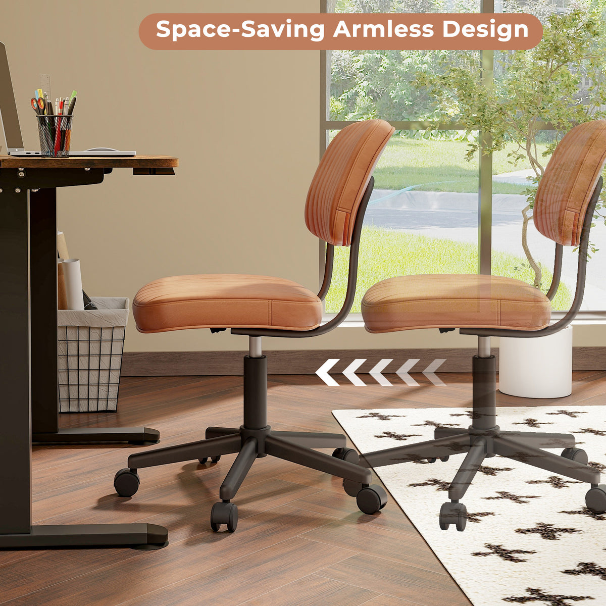 PU Leather Adjustable Office Chair Swivel Task Chair with Backrest-Orange-Armless Office Chairs-DECOROLALA