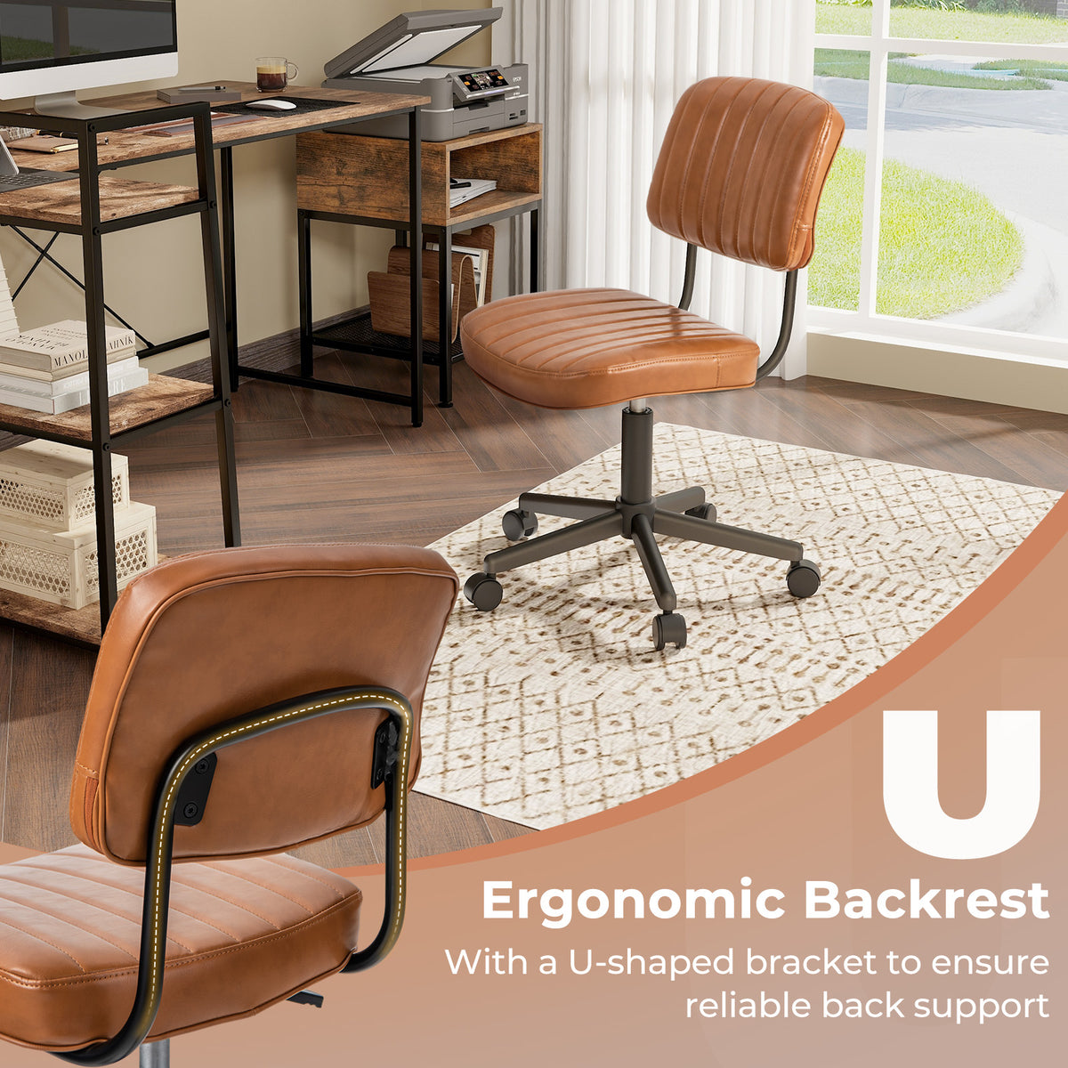 PU Leather Adjustable Office Chair Swivel Task Chair with Backrest-Orange-Armless Office Chairs-DECOROLALA