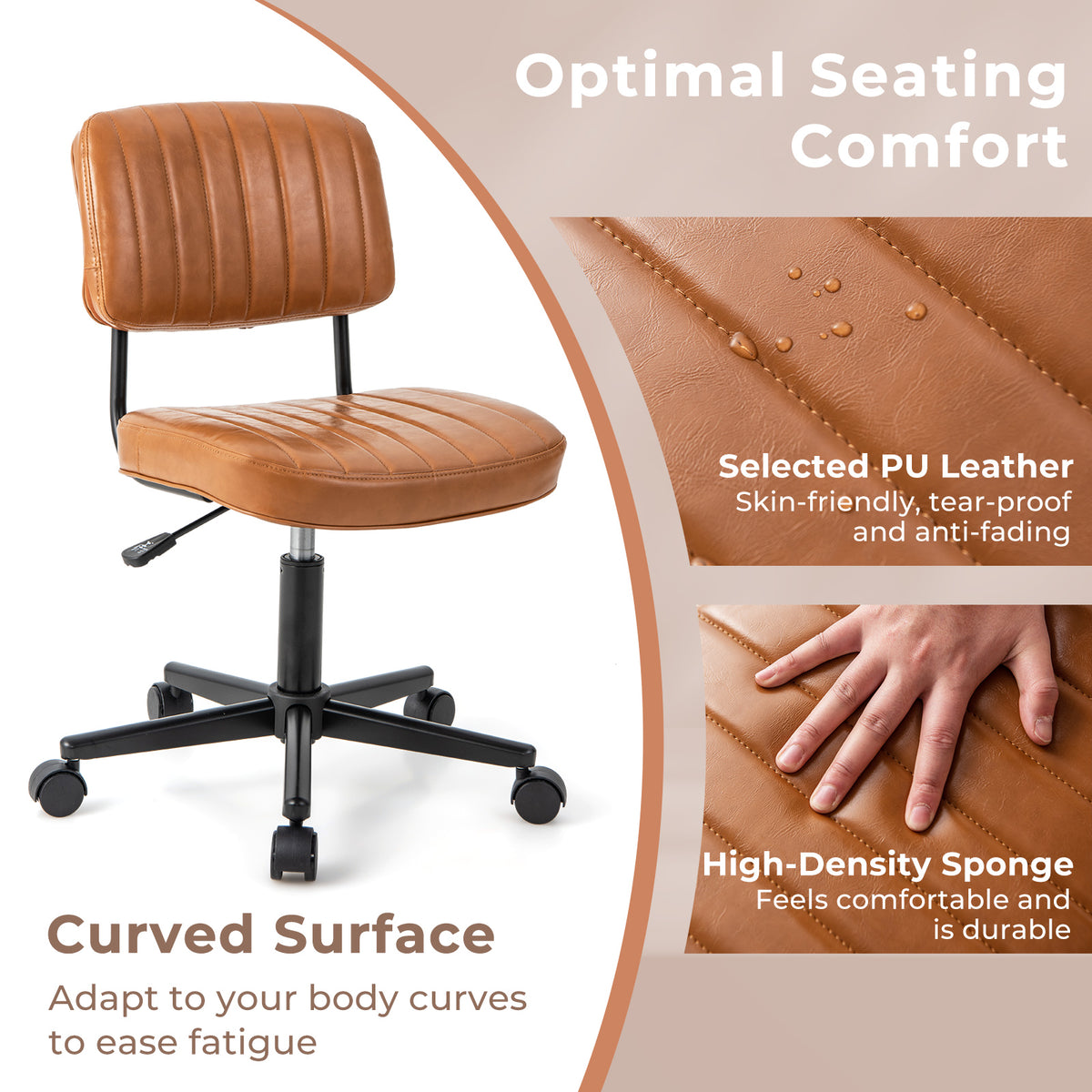 PU Leather Adjustable Office Chair Swivel Task Chair with Backrest-Orange-Armless Office Chairs-DECOROLALA