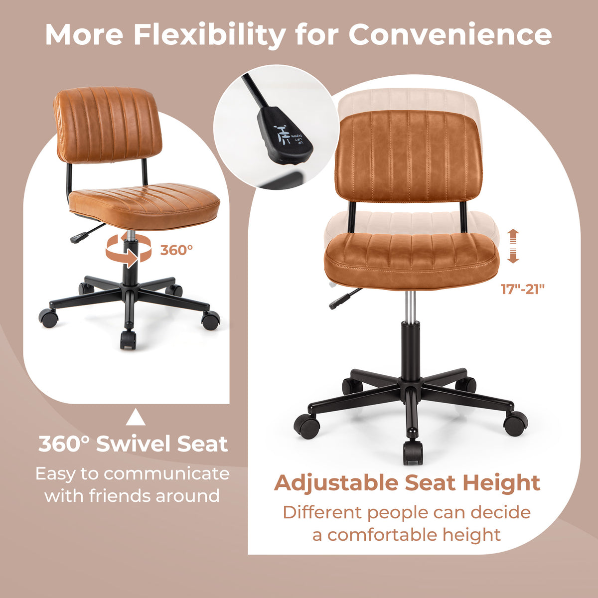 PU Leather Adjustable Office Chair Swivel Task Chair with Backrest-Orange-Armless Office Chairs-DECOROLALA