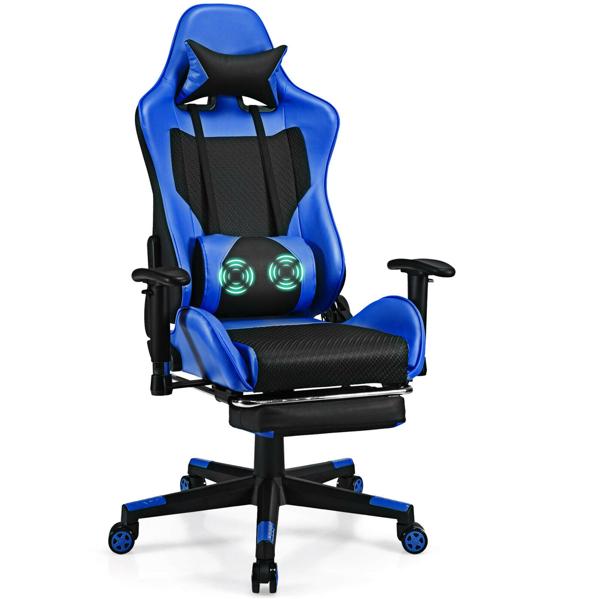 PU Leather Gaming Chair with USB Massage Lumbar Pillow and Footrest-Blue-Gaming Chairs-DECOROLALA