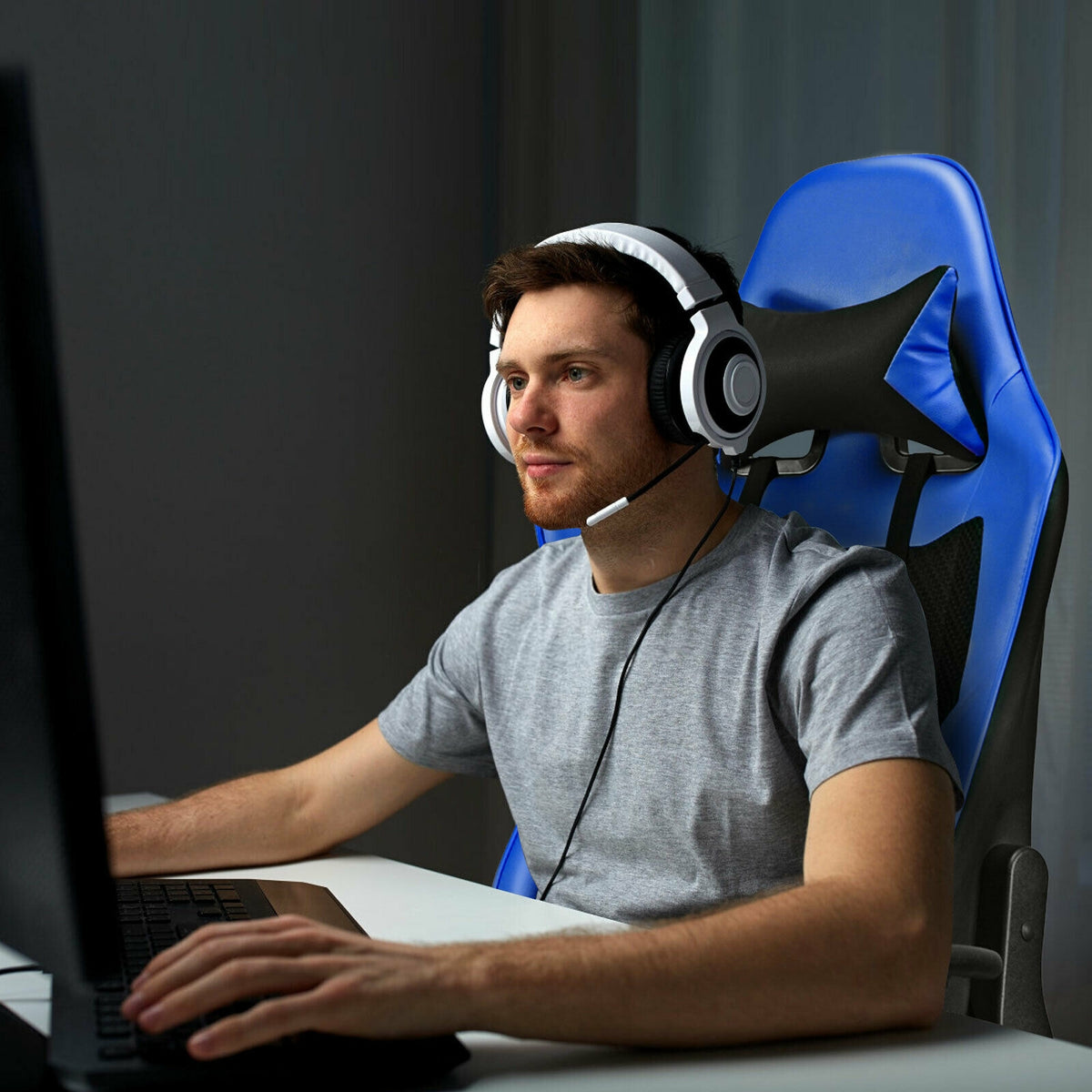 PU Leather Gaming Chair with USB Massage Lumbar Pillow and Footrest-Blue-Gaming Chairs-DECOROLALA