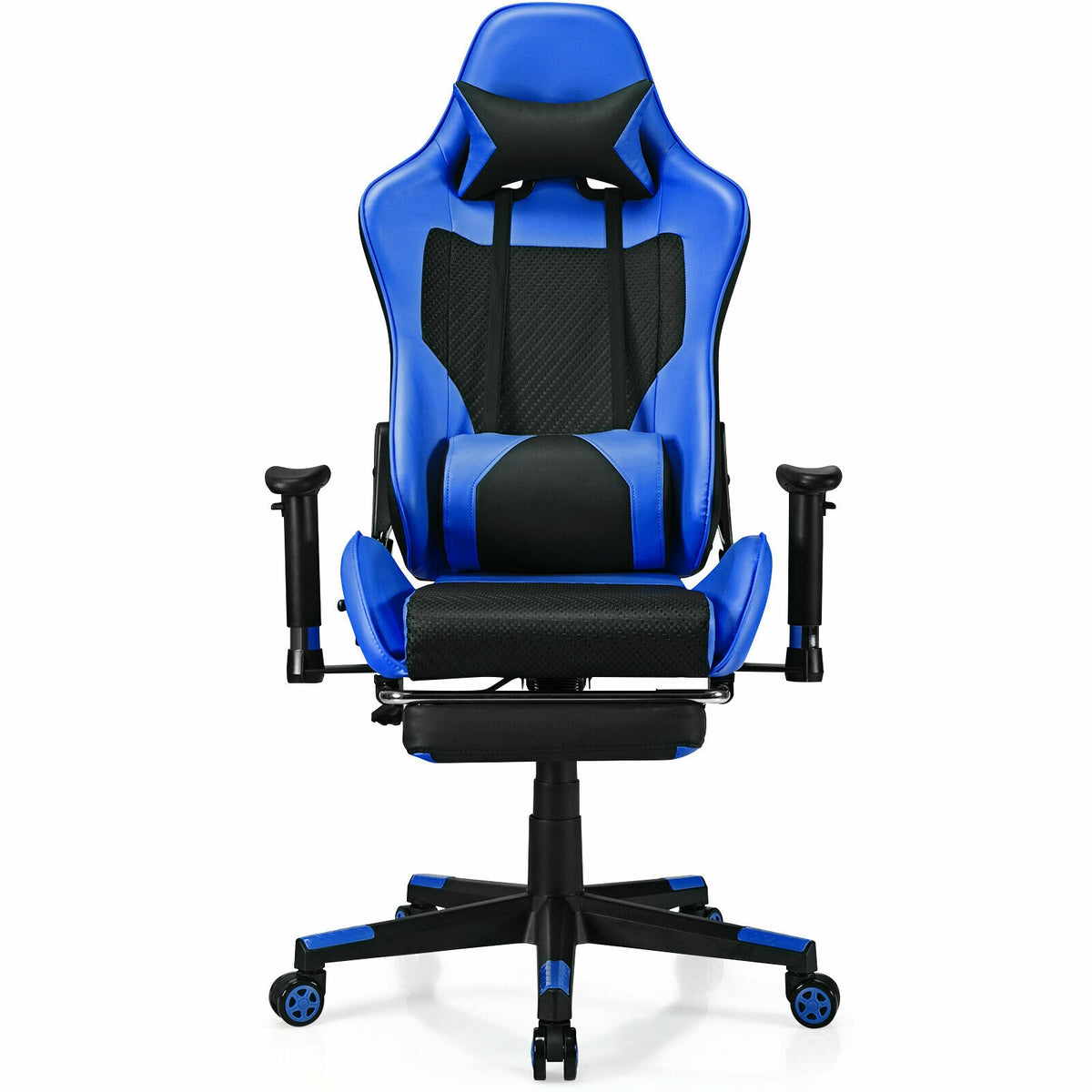 PU Leather Gaming Chair with USB Massage Lumbar Pillow and Footrest-Blue-Gaming Chairs-DECOROLALA