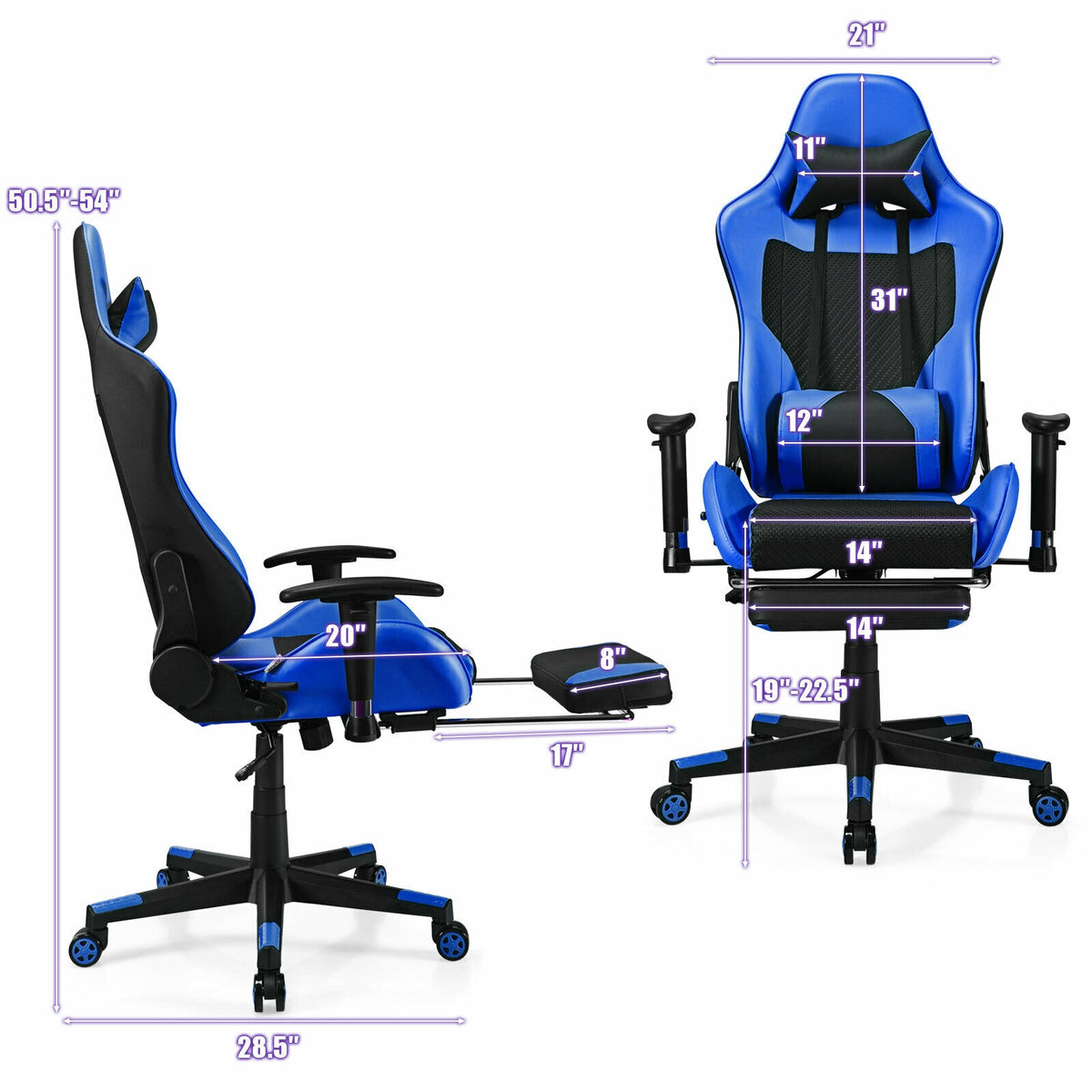 PU Leather Gaming Chair with USB Massage Lumbar Pillow and Footrest-Blue-Gaming Chairs-DECOROLALA