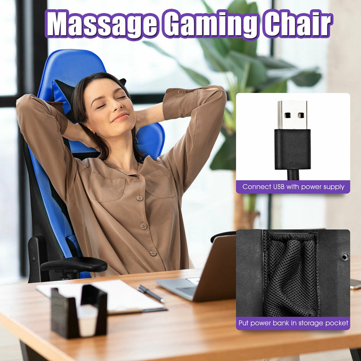 PU Leather Gaming Chair with USB Massage Lumbar Pillow and Footrest-Blue-Gaming Chairs-DECOROLALA