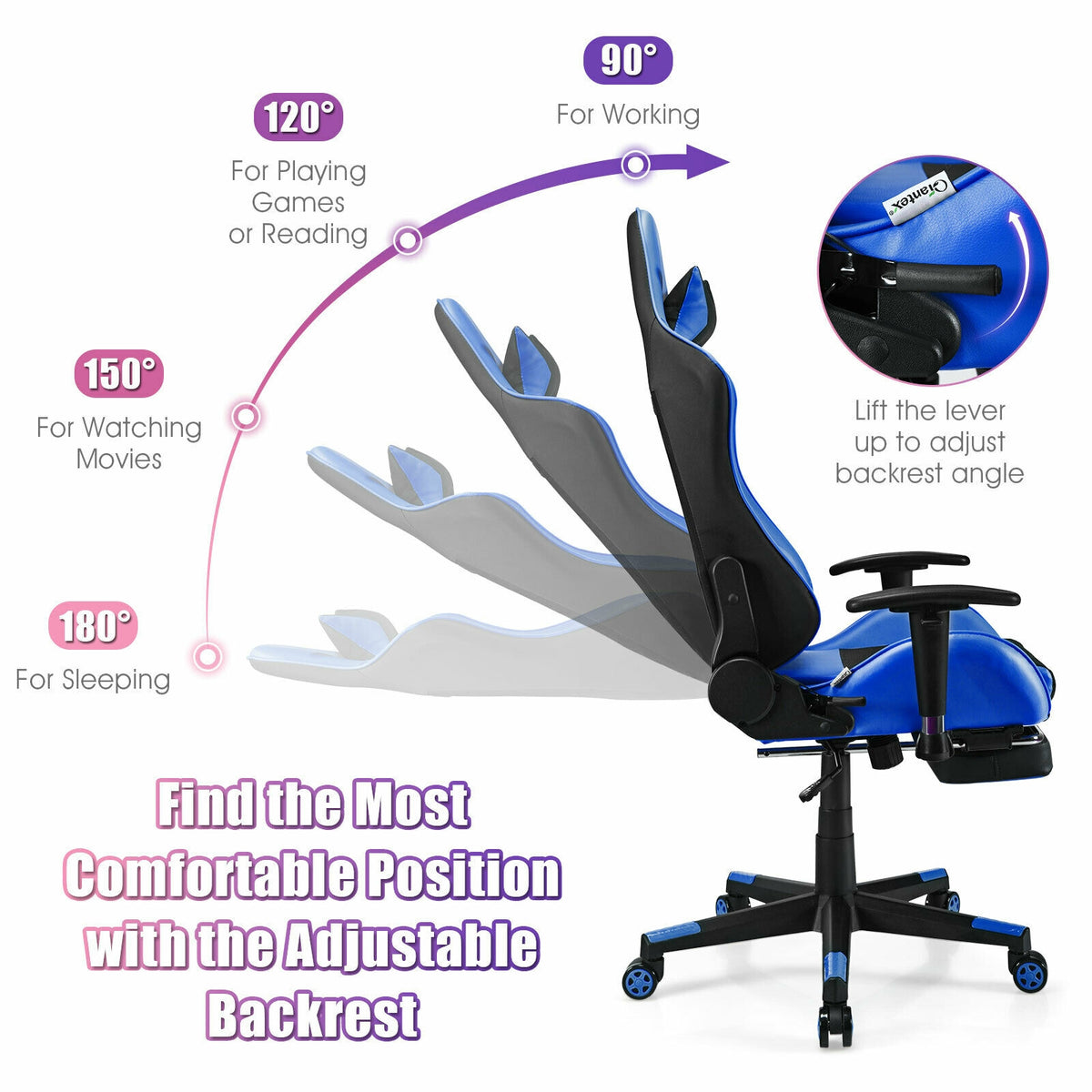 PU Leather Gaming Chair with USB Massage Lumbar Pillow and Footrest-Blue-Gaming Chairs-DECOROLALA