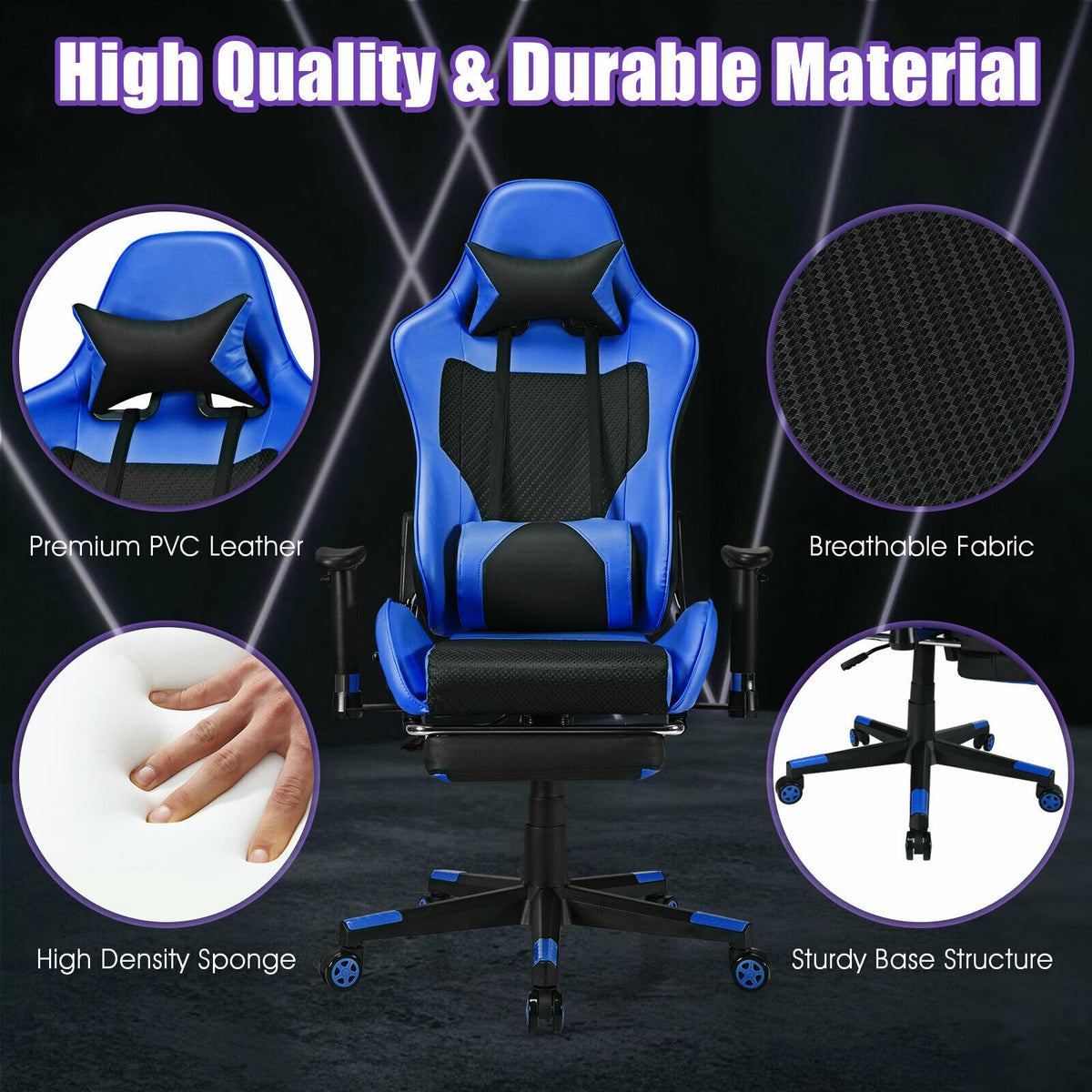 PU Leather Gaming Chair with USB Massage Lumbar Pillow and Footrest-Blue-Gaming Chairs-DECOROLALA