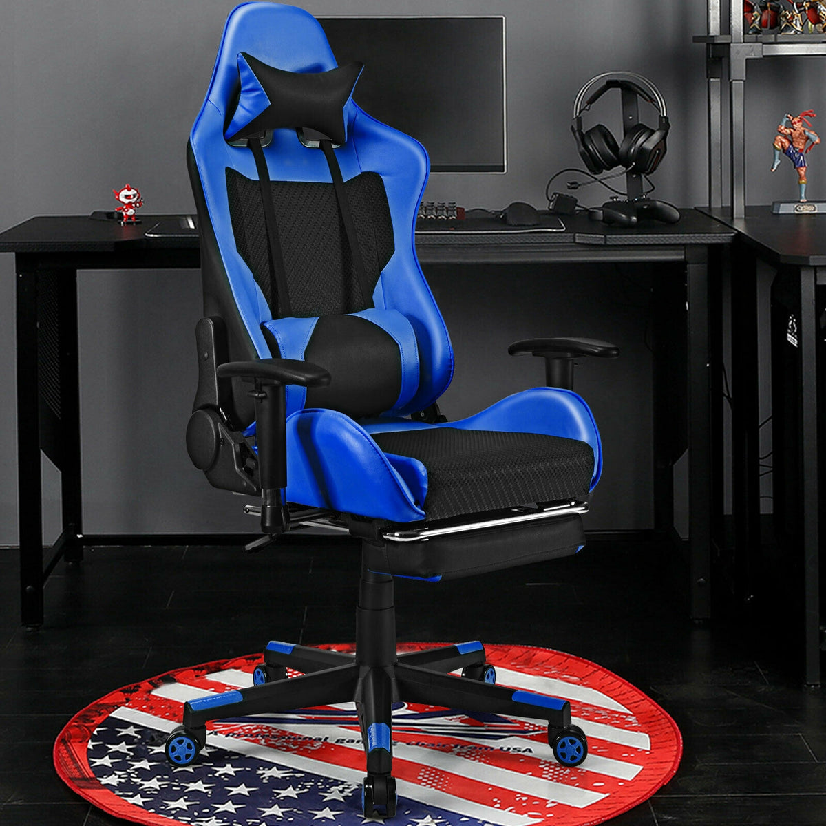 PU Leather Gaming Chair with USB Massage Lumbar Pillow and Footrest-Blue-Gaming Chairs-DECOROLALA