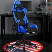 PU Leather Gaming Chair with USB Massage Lumbar Pillow and Footrest-Blue-Gaming Chairs-DECOROLALA