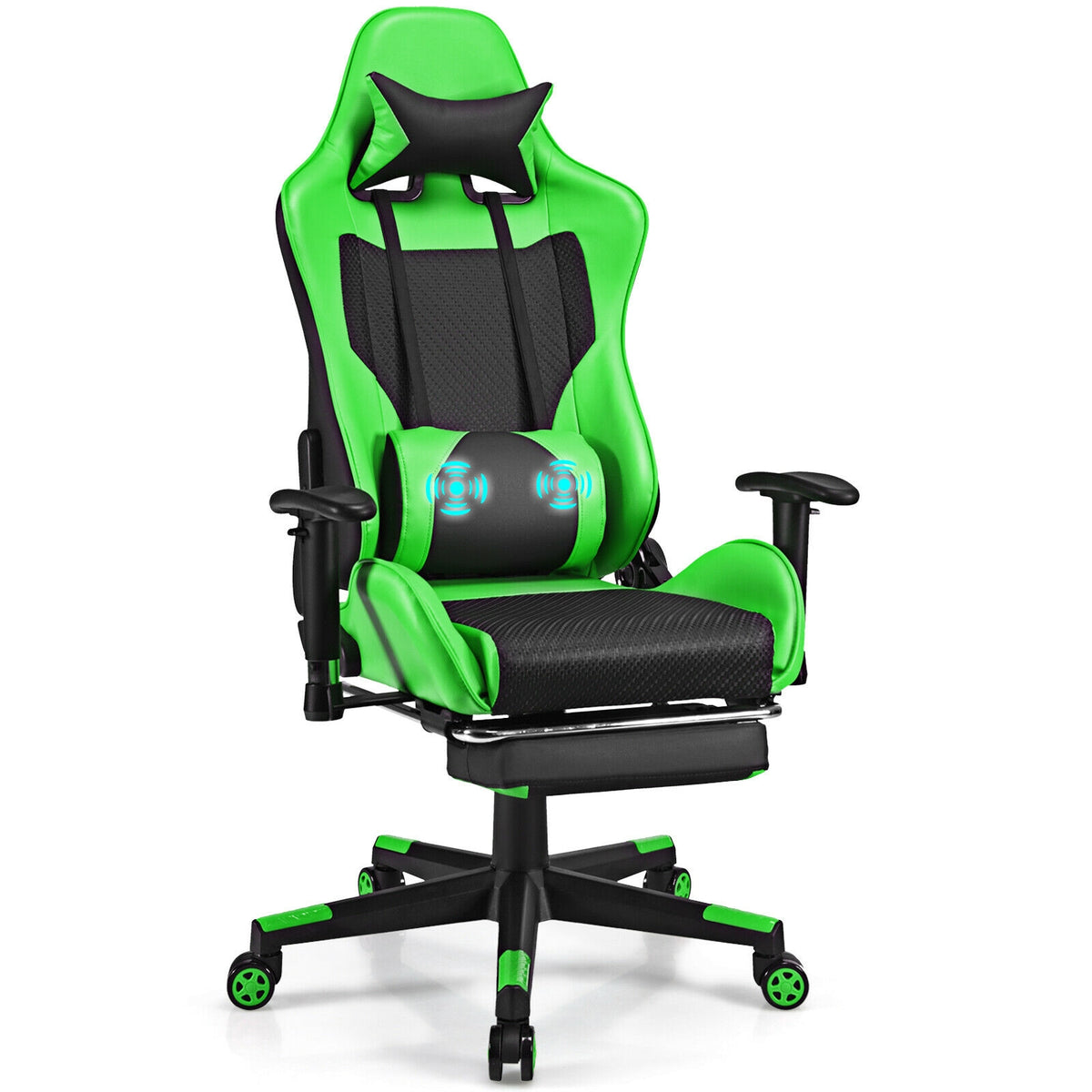 PU Leather Gaming Chair with USB Massage Lumbar Pillow and Footrest -Green-Gaming Chairs-DECOROLALA