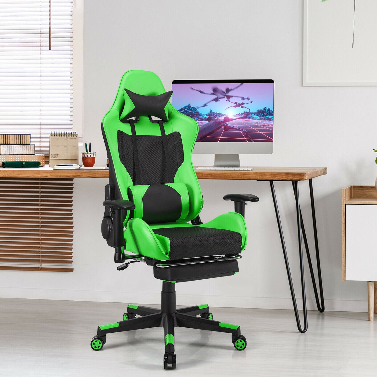 PU Leather Gaming Chair with USB Massage Lumbar Pillow and Footrest -Green-Gaming Chairs-DECOROLALA