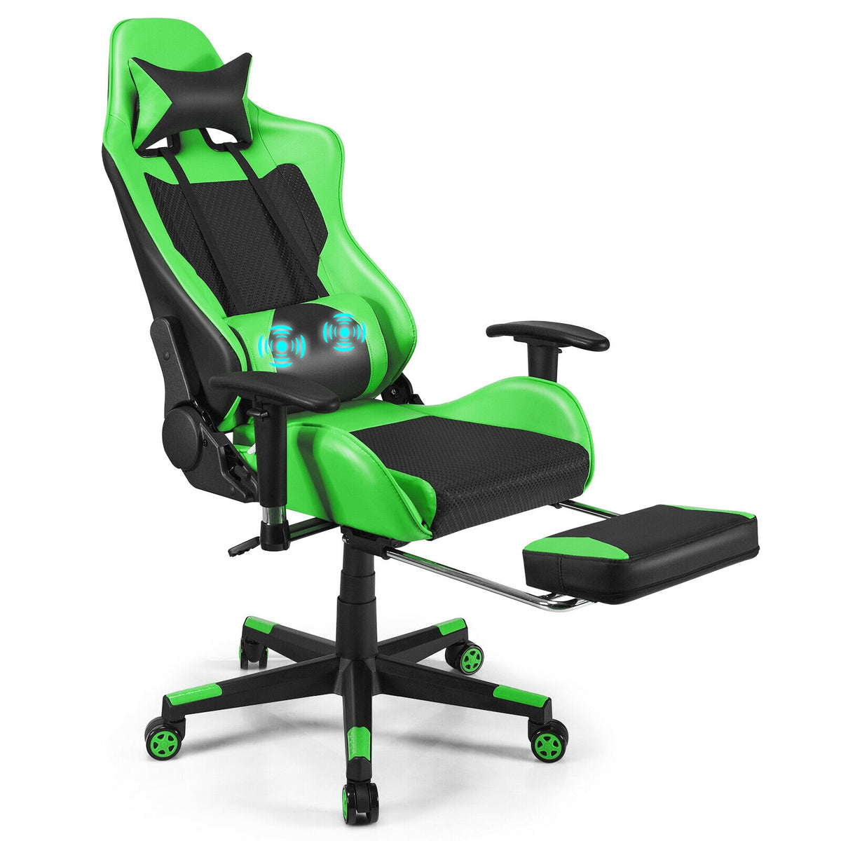 PU Leather Gaming Chair with USB Massage Lumbar Pillow and Footrest -Green-Gaming Chairs-DECOROLALA