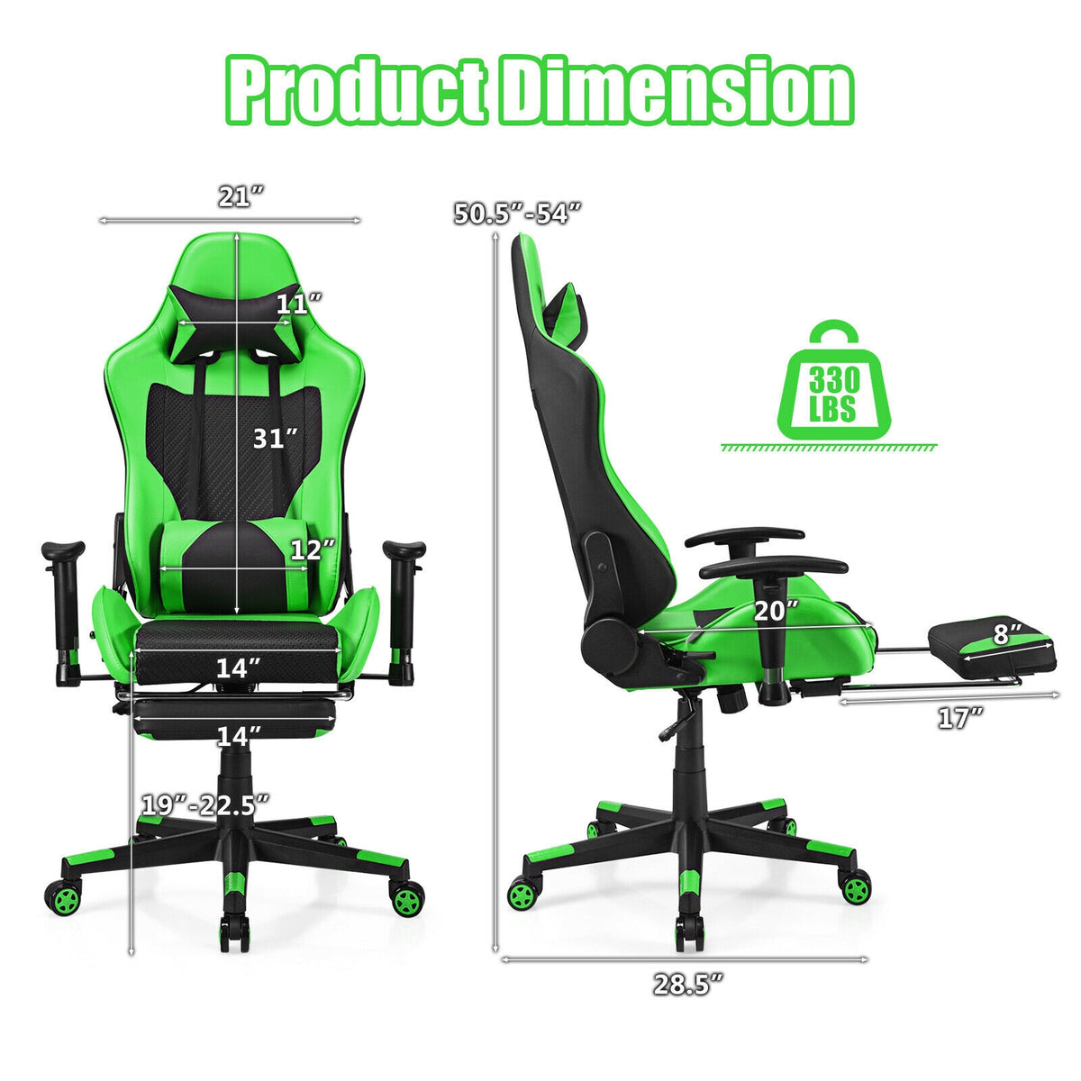PU Leather Gaming Chair with USB Massage Lumbar Pillow and Footrest -Green-Gaming Chairs-DECOROLALA