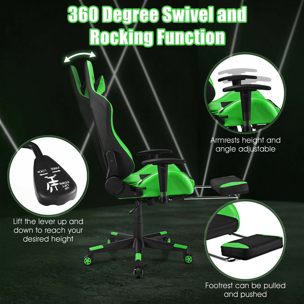 PU Leather Gaming Chair with USB Massage Lumbar Pillow and Footrest -Green-Gaming Chairs-DECOROLALA
