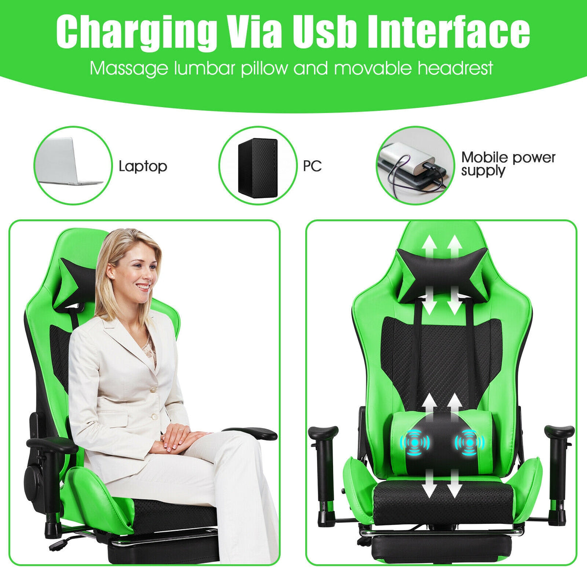 PU Leather Gaming Chair with USB Massage Lumbar Pillow and Footrest -Green-Gaming Chairs-DECOROLALA