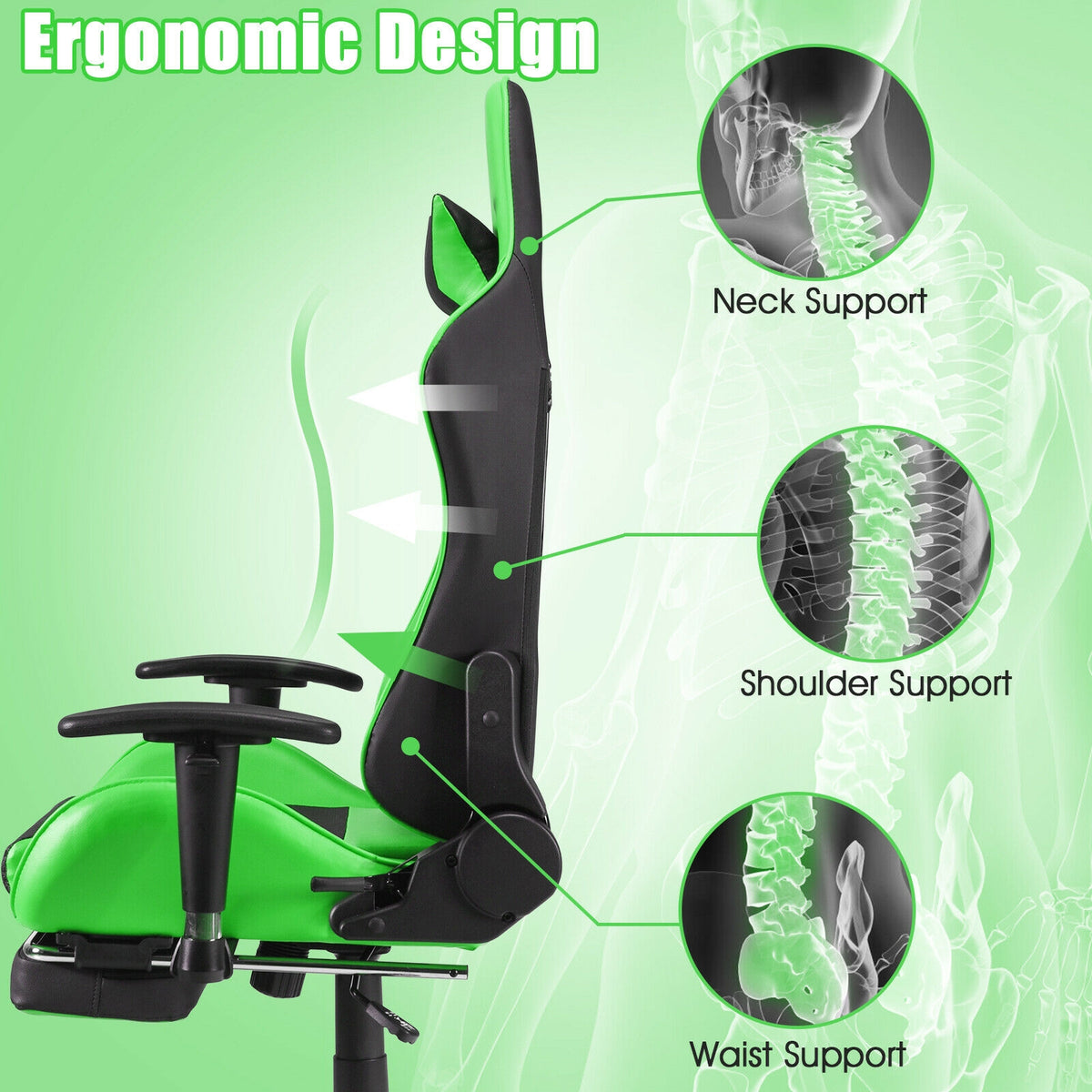 PU Leather Gaming Chair with USB Massage Lumbar Pillow and Footrest -Green-Gaming Chairs-DECOROLALA