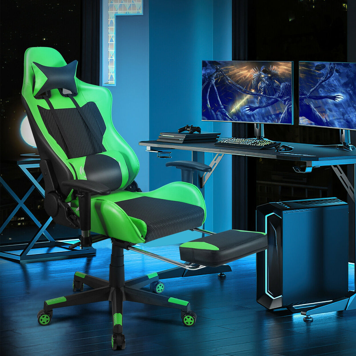 PU Leather Gaming Chair with USB Massage Lumbar Pillow and Footrest -Green-Gaming Chairs-DECOROLALA