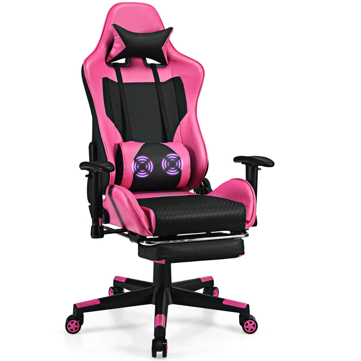 PU Leather Gaming Chair with USB Massage Lumbar Pillow and Footrest-Pink-Gaming Chairs-DECOROLALA