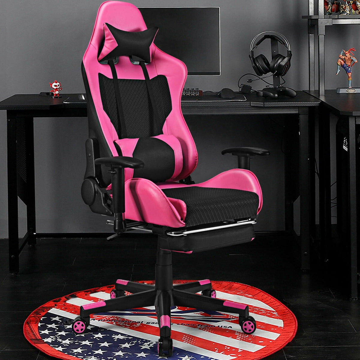 PU Leather Gaming Chair with USB Massage Lumbar Pillow and Footrest-Pink-Gaming Chairs-DECOROLALA