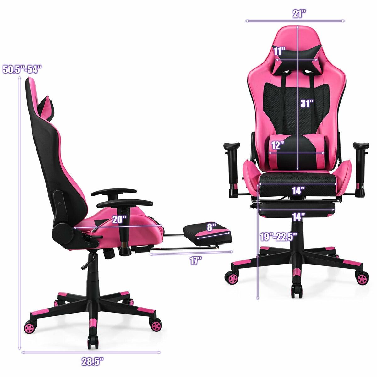 PU Leather Gaming Chair with USB Massage Lumbar Pillow and Footrest-Pink-Gaming Chairs-DECOROLALA