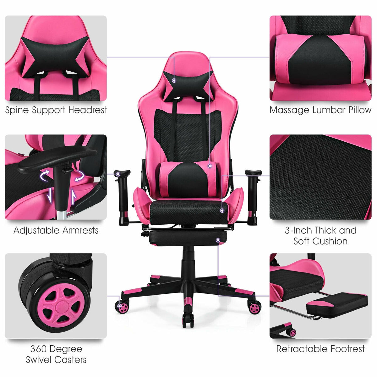 PU Leather Gaming Chair with USB Massage Lumbar Pillow and Footrest-Pink-Gaming Chairs-DECOROLALA